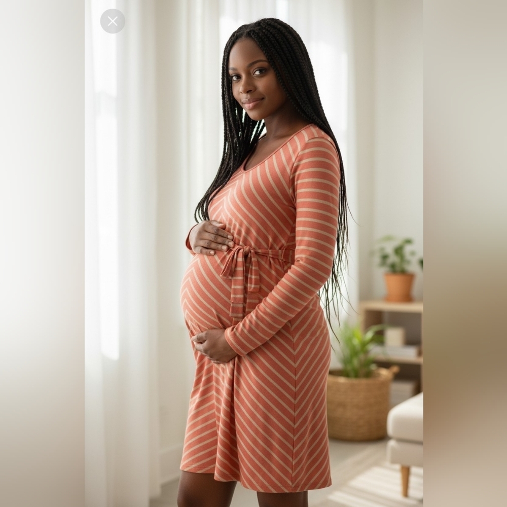 Motherhood Maternity Chevron Stripe Tie Waist Knit Midi Dress Small Coral Tan